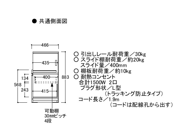 キーノート KNシリーズ キッチンボード用 下キャビネット 家電収納+引出し