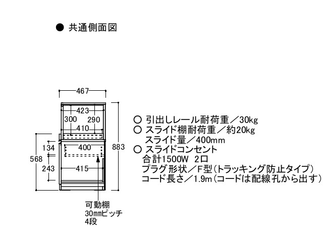 キーノート KNシリーズ キッチンボード用 下キャビネット 家電収納（フレーム）+引出し